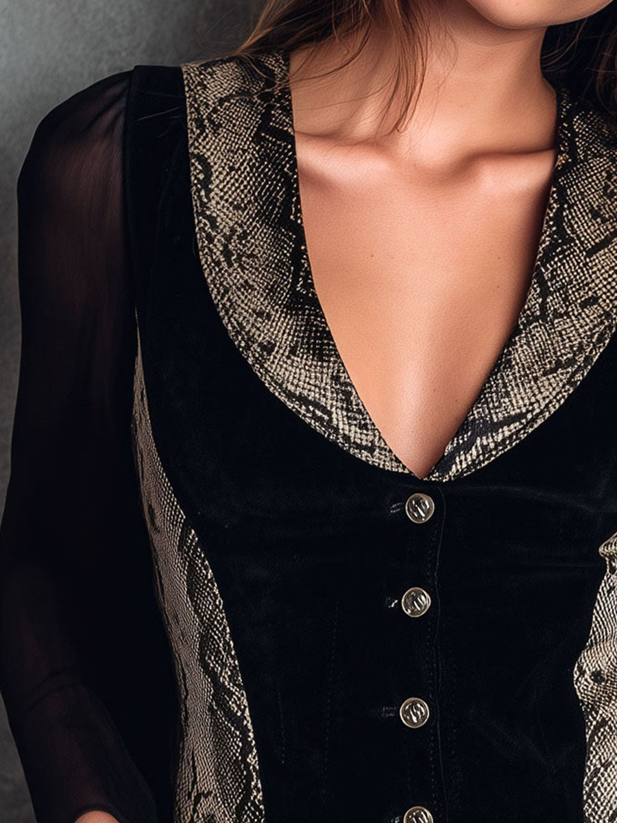 Chic Snake Print & Velvet Patchwork Chiffon Sleeve Shirt