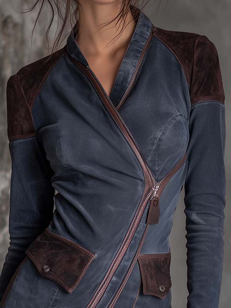 Vintage Washed Patchwork Asymmetrical Zipper Denim Mini Dress