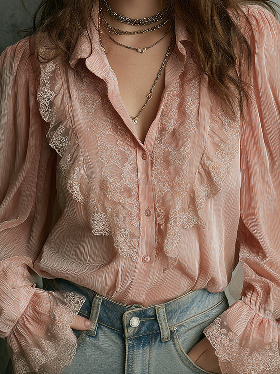 Quietly Luxurious Pleated Chiffon Lace Trumpet Sleeves Blouse