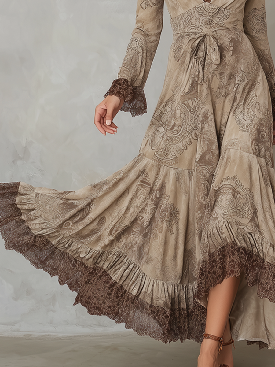 Vintage Paisley Lace Trim Polyester Suede Midi Dress