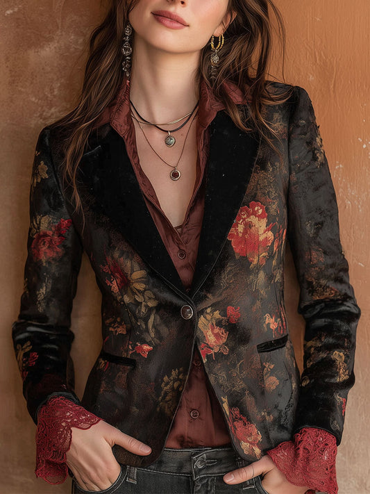 Retro Suede Print Splicing Blazer