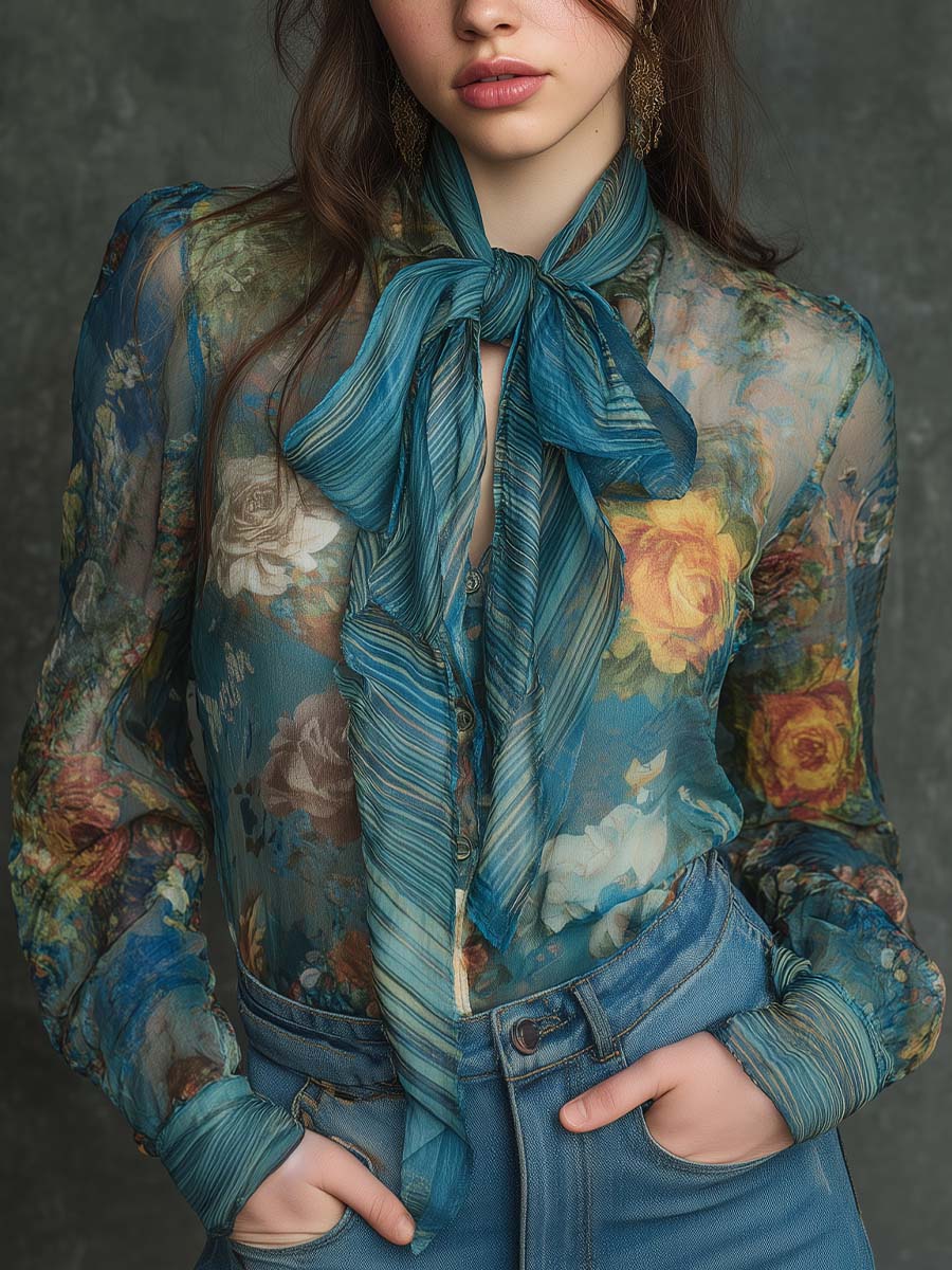 Vintage Romantic Floral Sheer Bow Blouse
