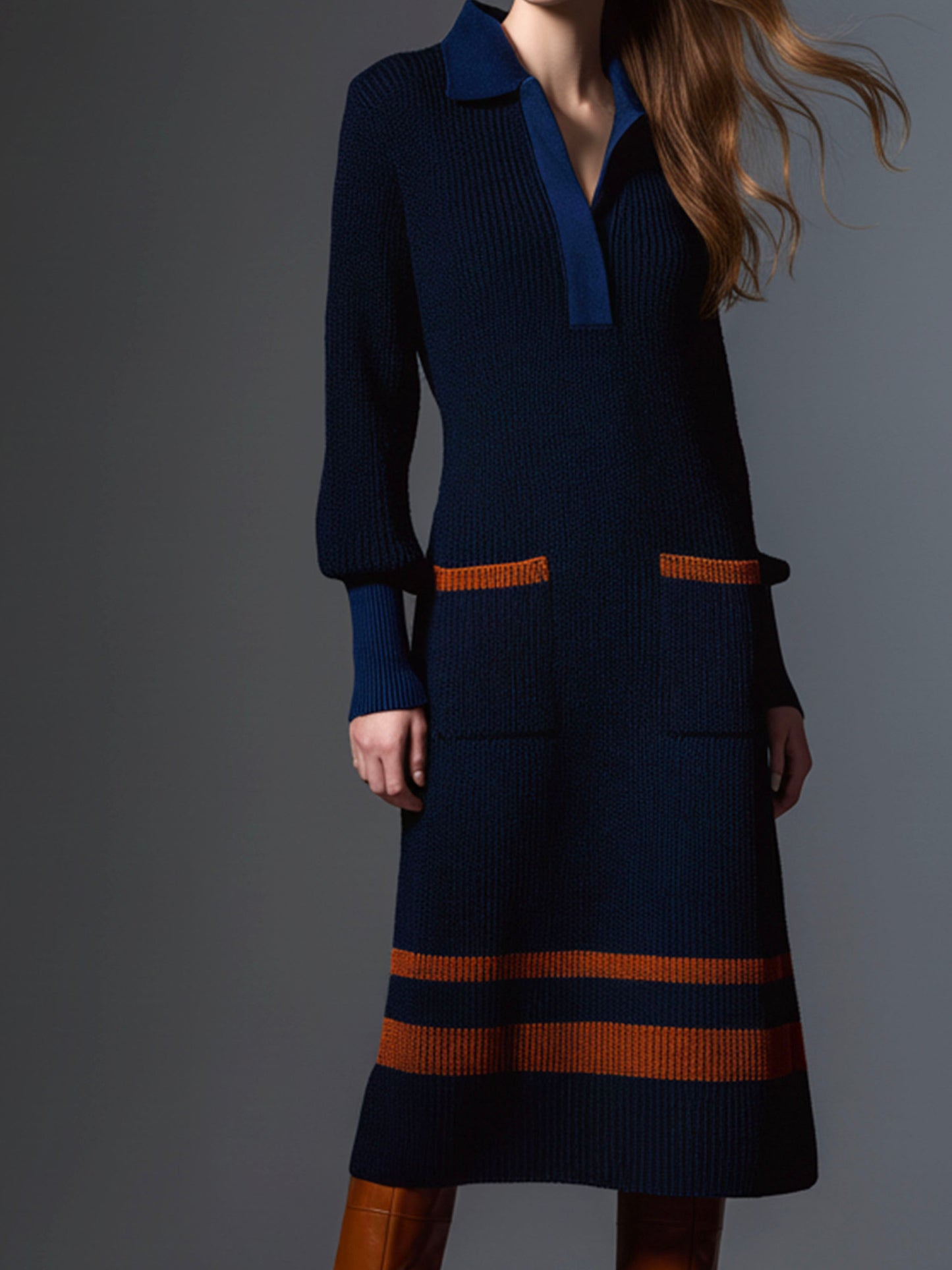 Navy Knit Contrast Orange Stripes Polo Midi Dress With Pockets