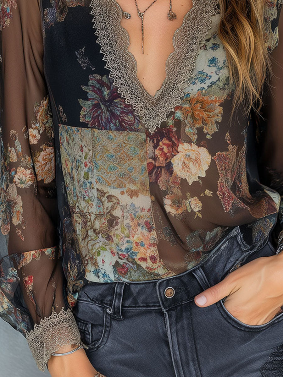 Vintage Charm V-Neck Sheer Patchwork Floral Lace Blouse