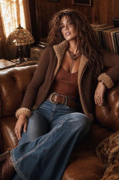 Vintage-style Zip-Up Cardigan With Faux Shearling Trim