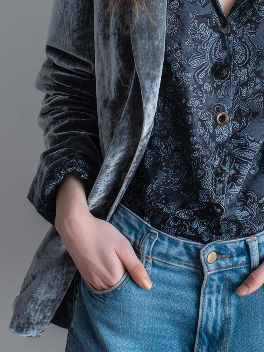 Vintage Stone Grey Lapel Velvet Blazer