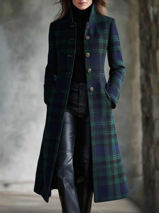 Bohemian Contrast Check Mid-length Wool Coat