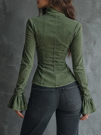 Vintage Washed Pinch Pleated Ruffle Cuff Denim Blouse