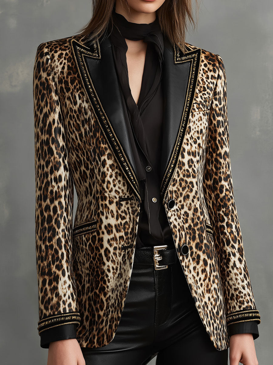 Vintage Eco Leather Lapel Leopard Pattern Velvet Blazer With Gold Trim