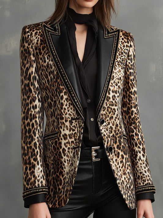 Vintage Eco Leather Lapel Leopard Pattern Velvet Blazer With Gold Trim