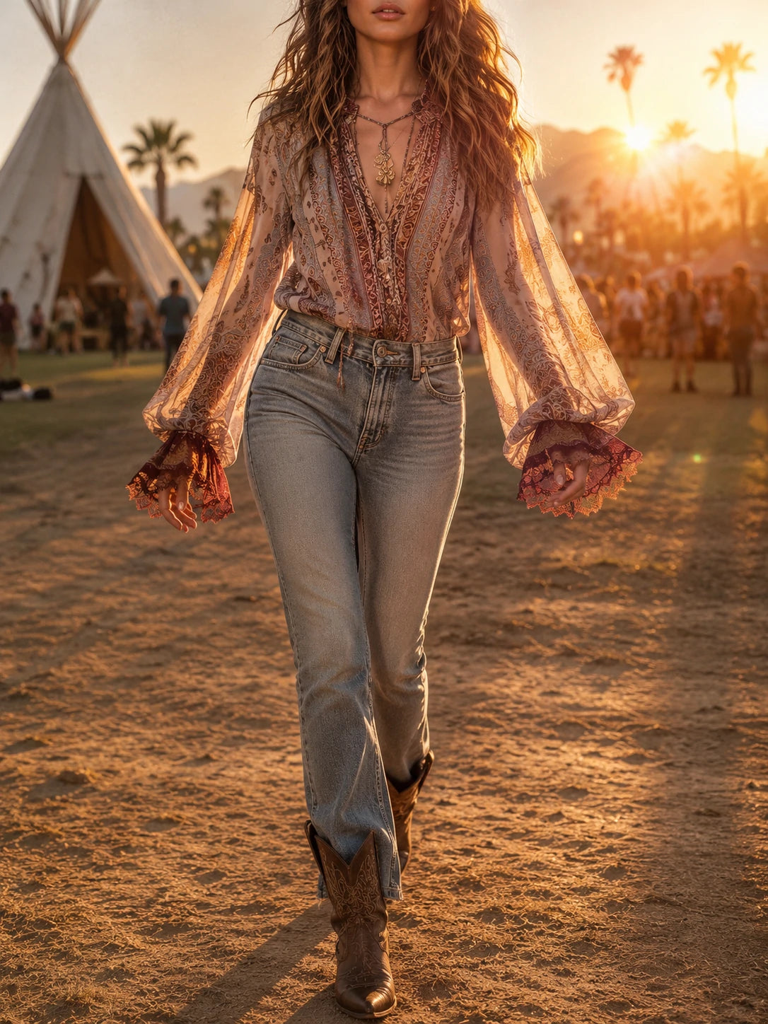 Boho Paisley Sheer Blouse With Lace Cuffs