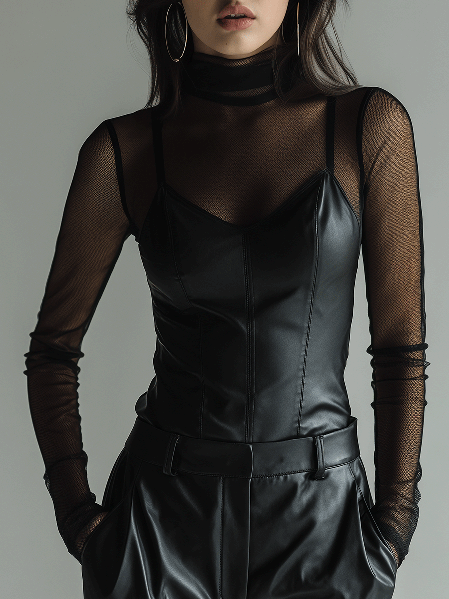 Fashion Black Sheer Mesh Layered Faux Leather Top