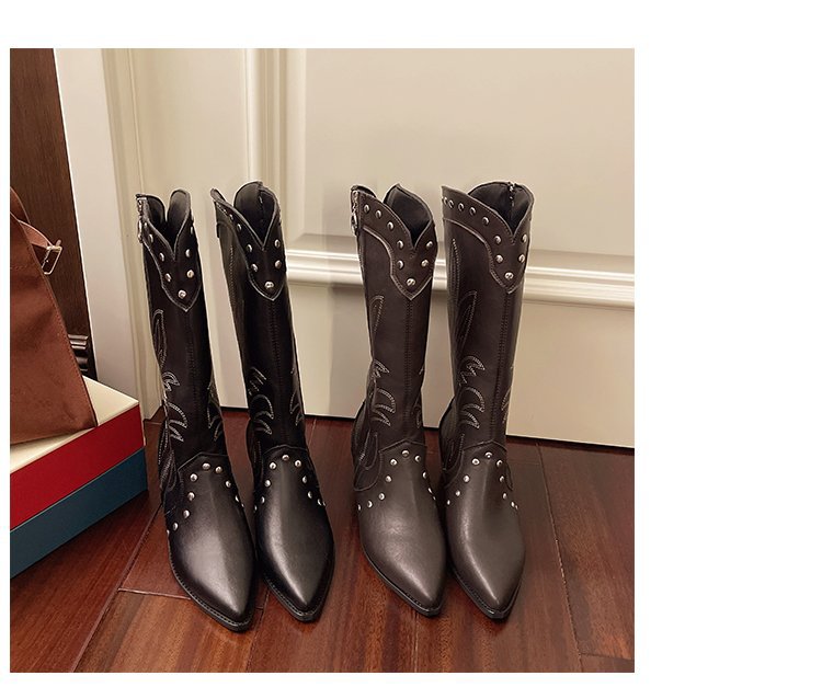 Retro Pointed Toe Thick Heel Western Cowboy Boots Side Zipper Rivet Embroidery V-neck High-top Knight Boots