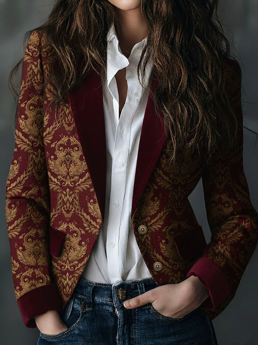 Vintage Burgundy Baroque Jacquard Tailored Blazer With Shawl Lapel