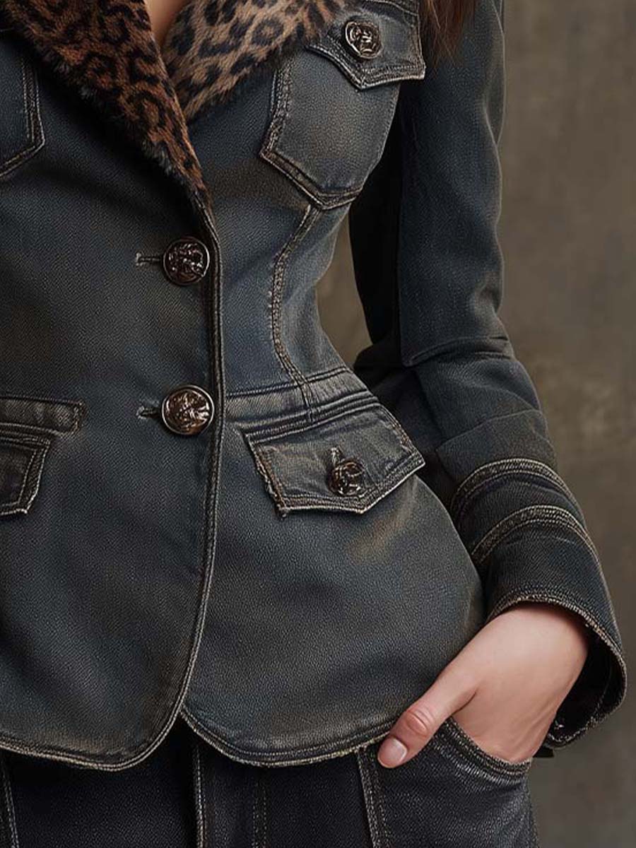 Washed Denim-Effect Suede Blazer With Leopard Faux Fur Collar