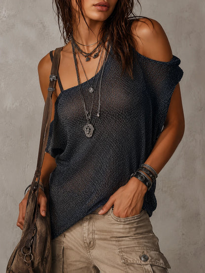 Retro Irregular Shoulder Knit Blouse