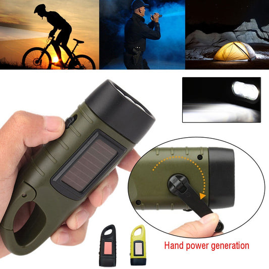 Hand crank solar flashlight