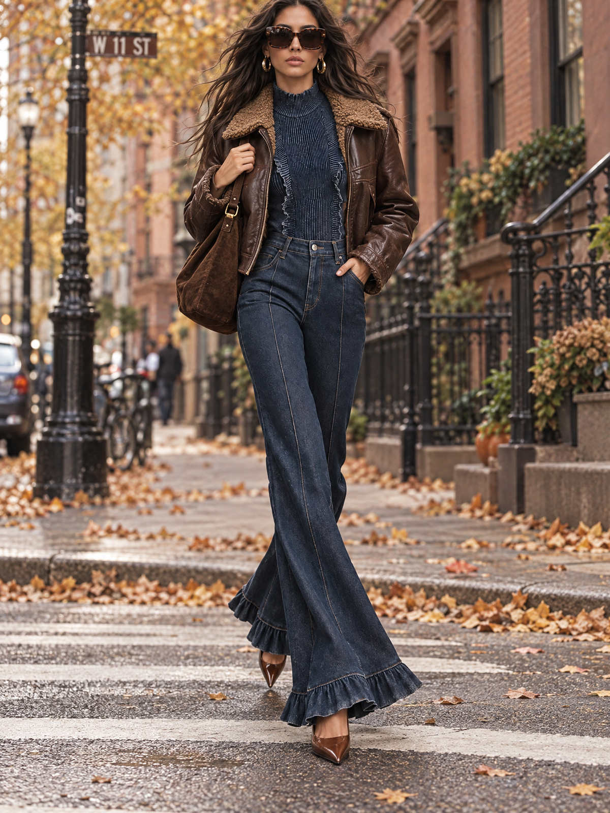 Ribbed High-neck Ruffle Trim Top & High-Waisted Ruffle Hem Flare Jeans Set