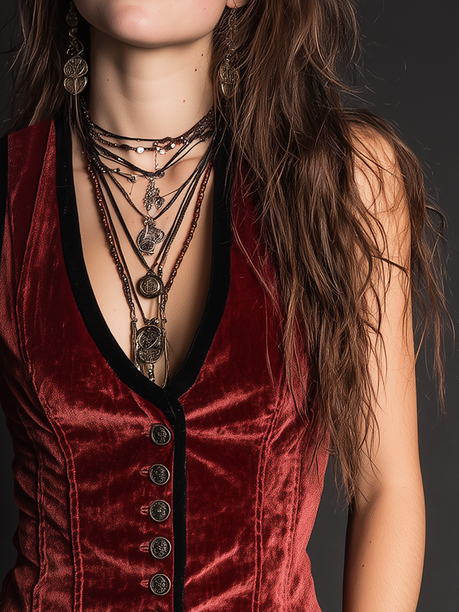 Vintage Contrast Trim Button Velvet Vest
