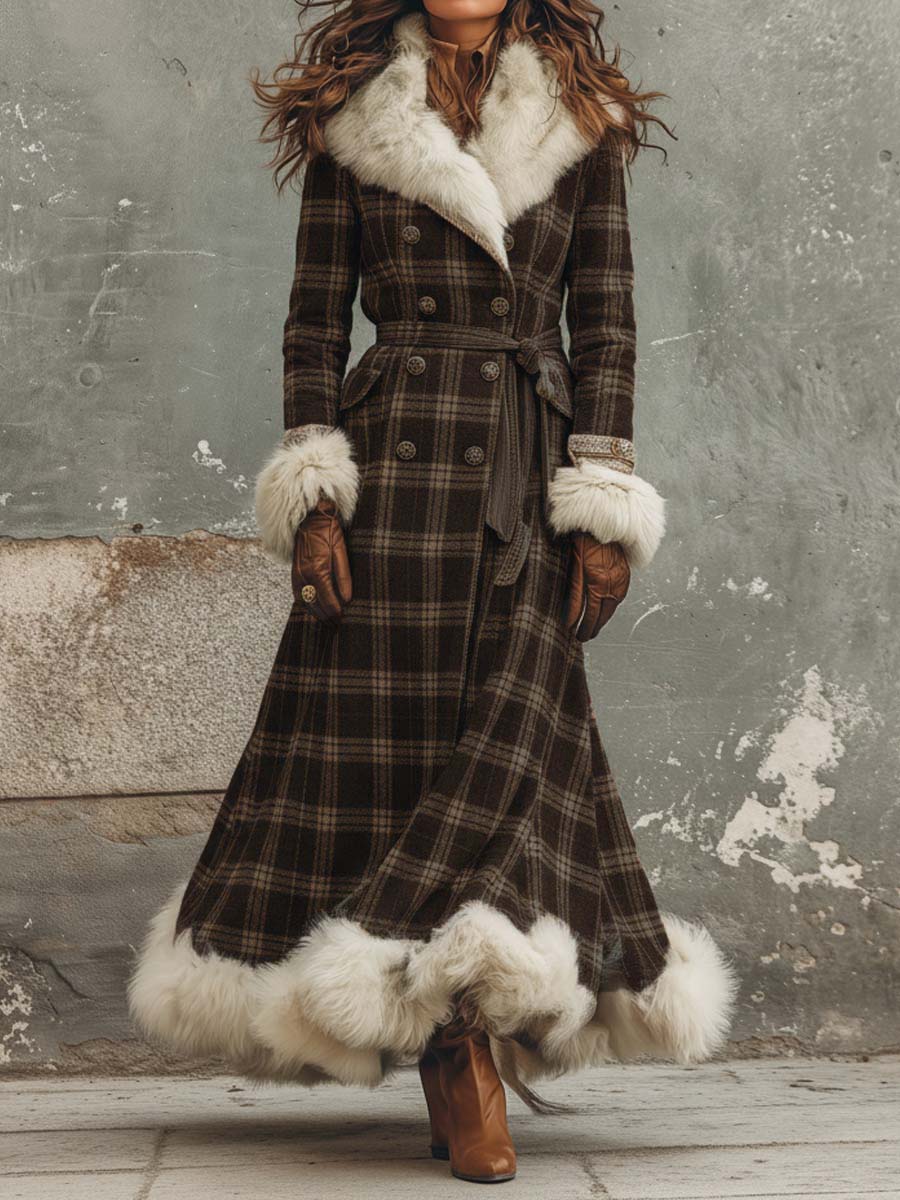 Retro Brown Plaid Long Faux Fur Trim Coat