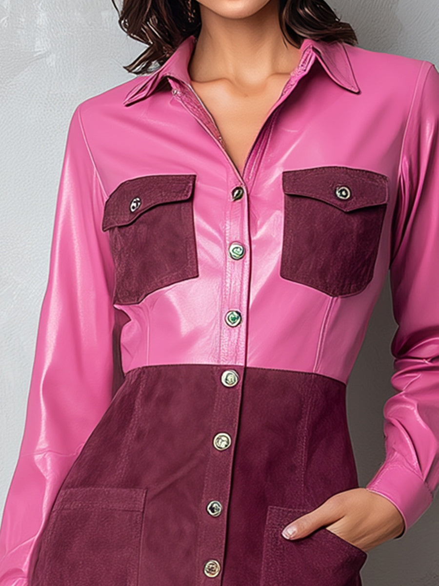 Pink And Burgundy Colorblock Eco Leather & Suede Shirt Dress