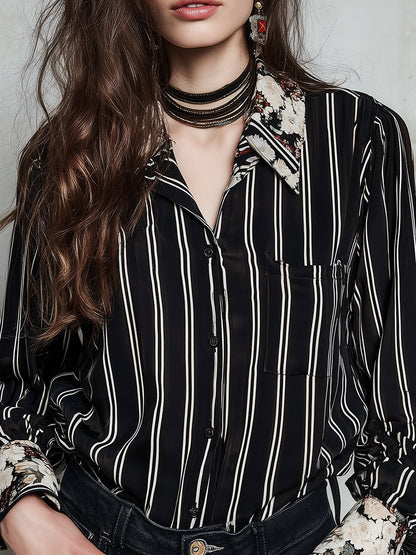 Retro Striped Oil Painting Floral Satin Blouse