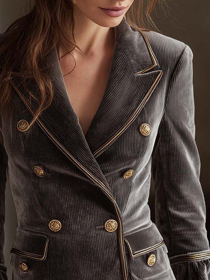Corduroy Velvet Double-Breasted Blazer With Gold Trim