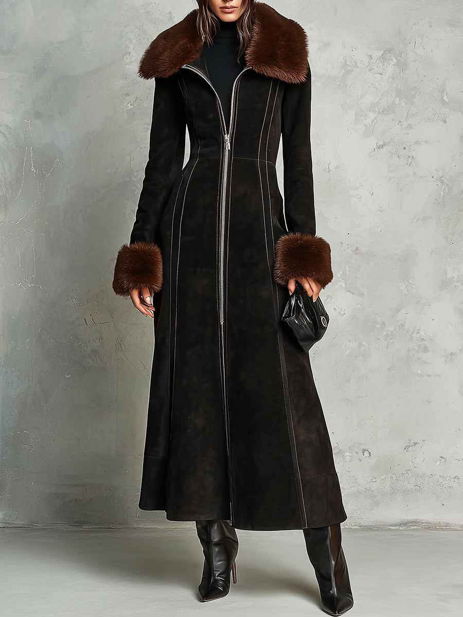 Retro Faux Fur Collar Front Zip Mid-length Suede Coat