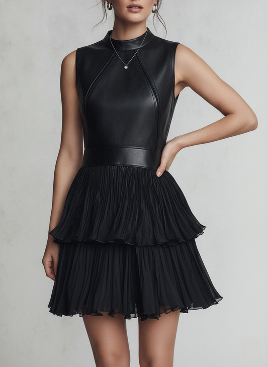 Chic Black Eco Leather & Pleated Chiffon Tiered Skirt Mini Dress