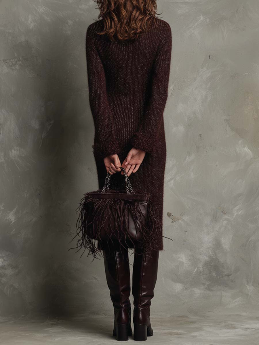 Burgundy Fuzzy Knit Midi Dress With Detachable Cuffs