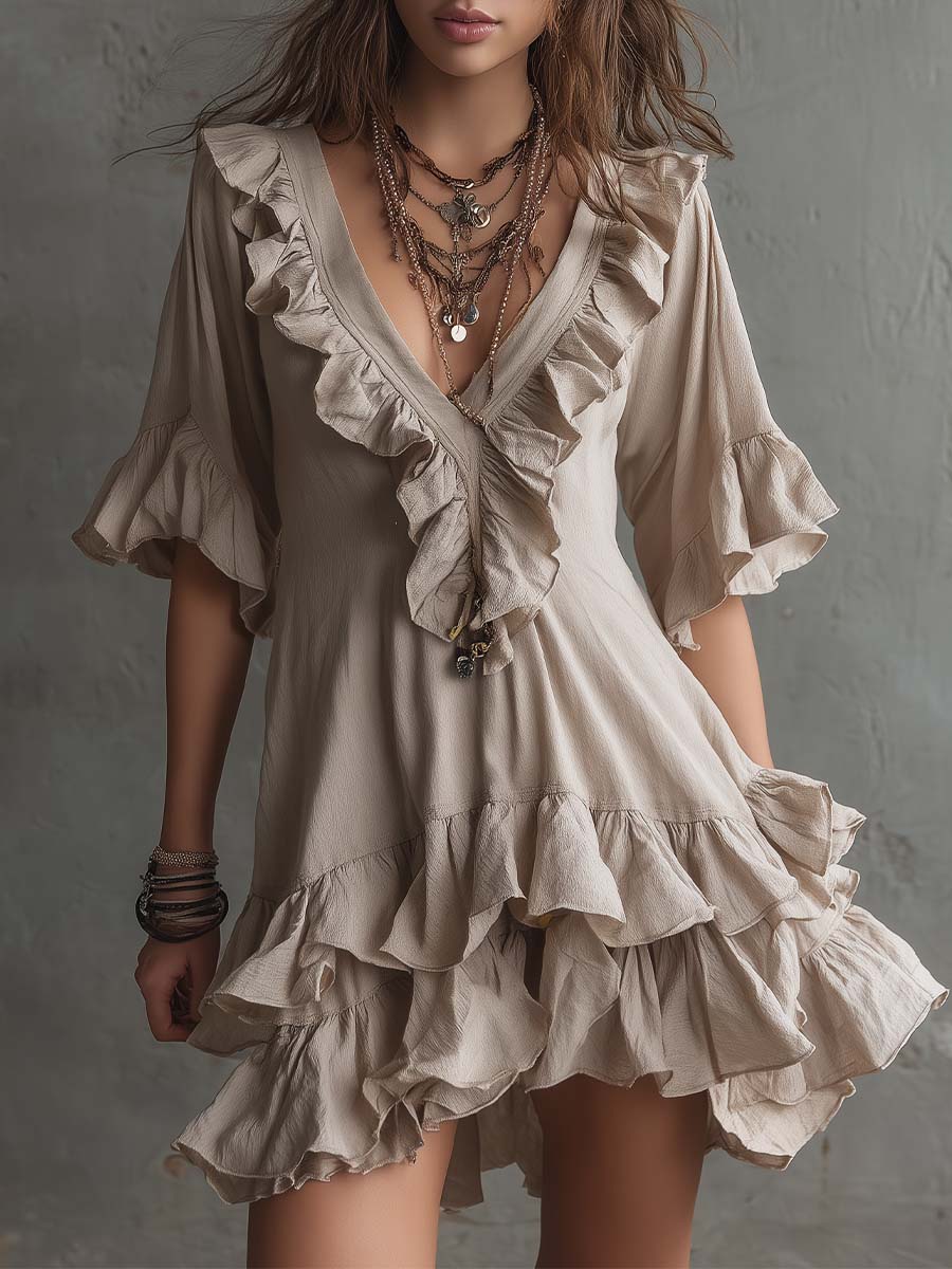 Bohemian Vintage Ruffled Cotton Mini Dress
