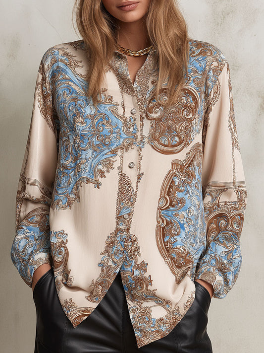 Vintage Baroque Pattern Print Satin Button-Down Shirt