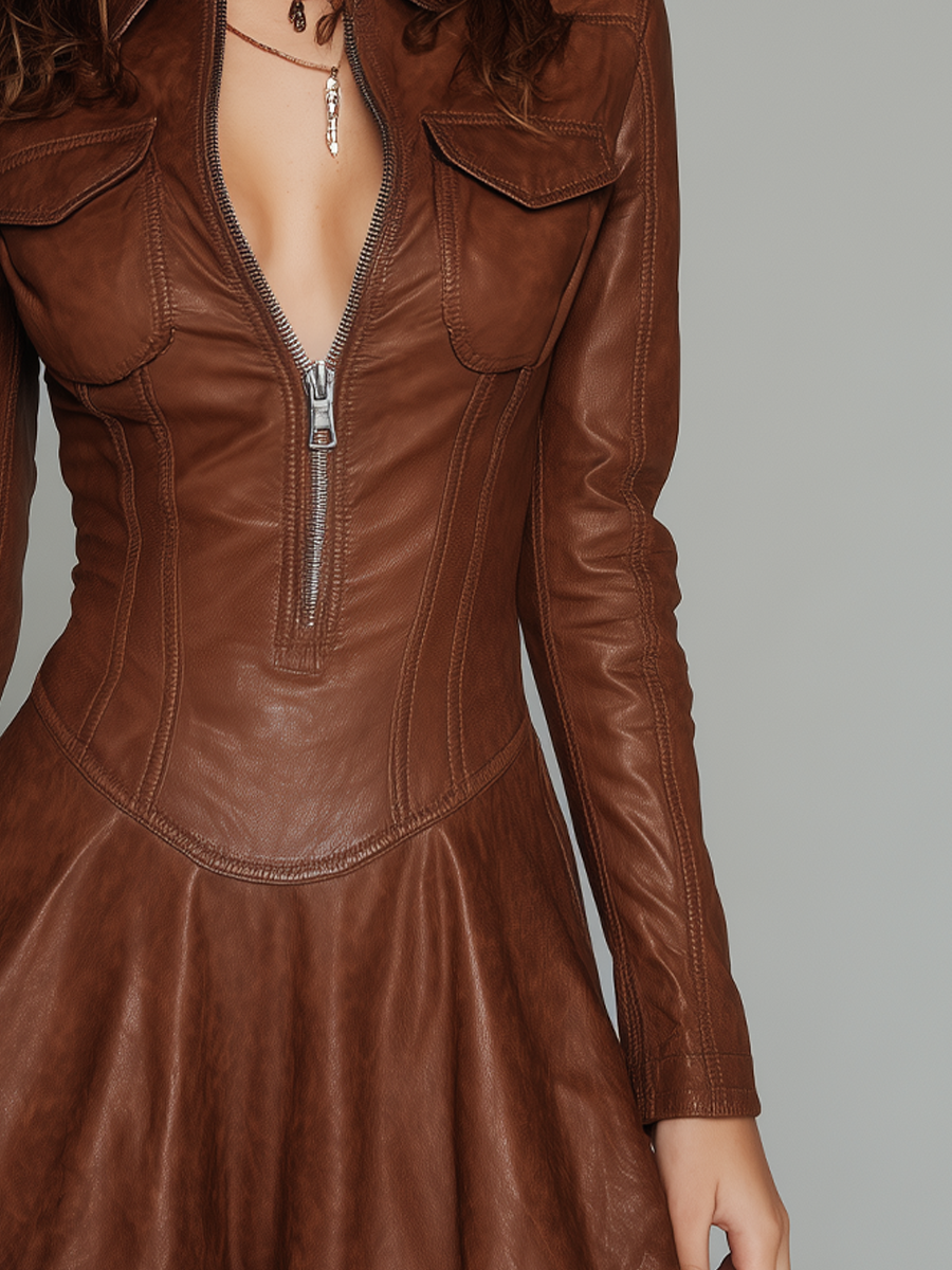 Retro Zipper Collar Flap Pocket Eco-leather Mini Dress