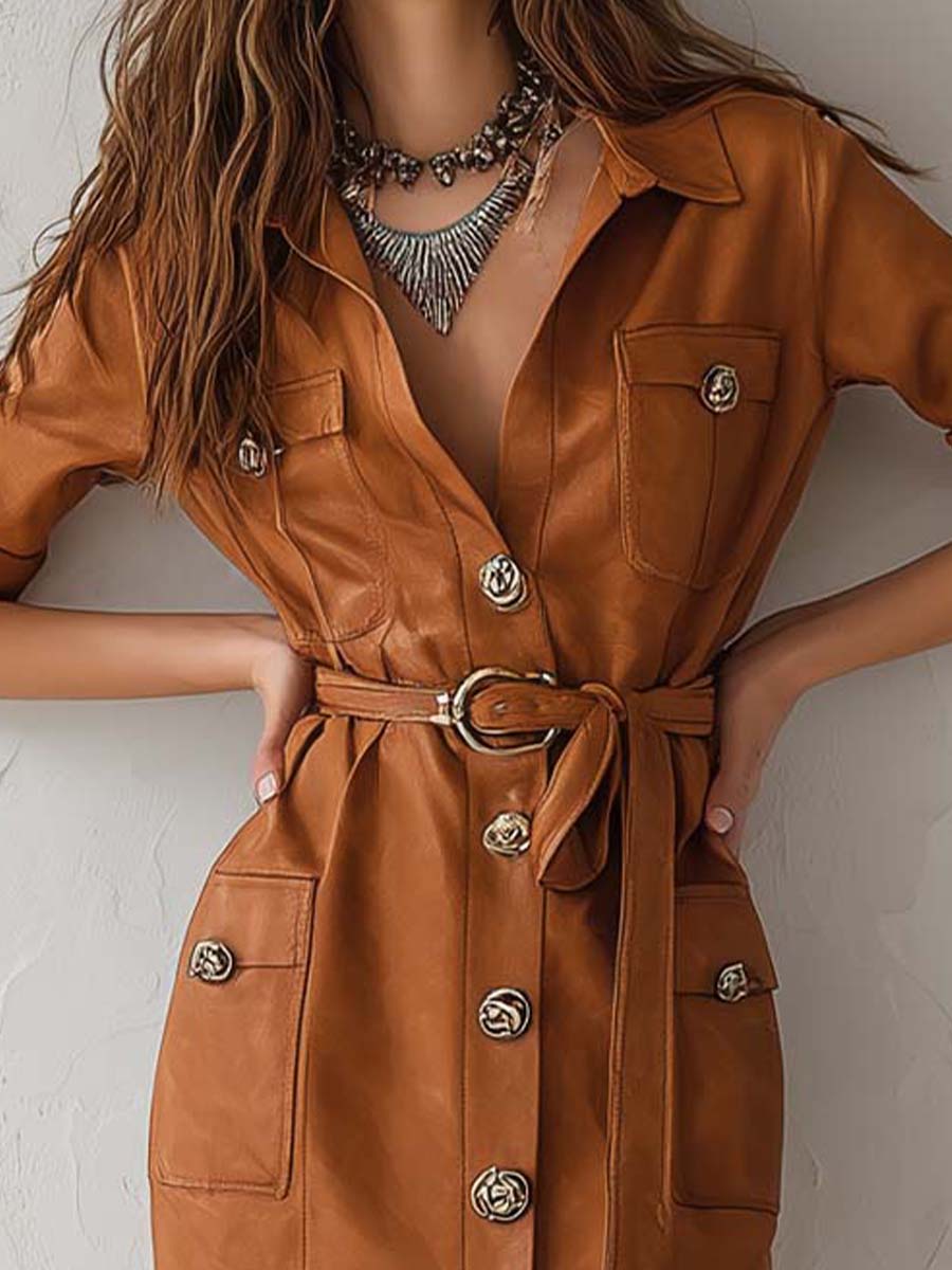 Structured Button Eco-Leather Straight Belted Dress