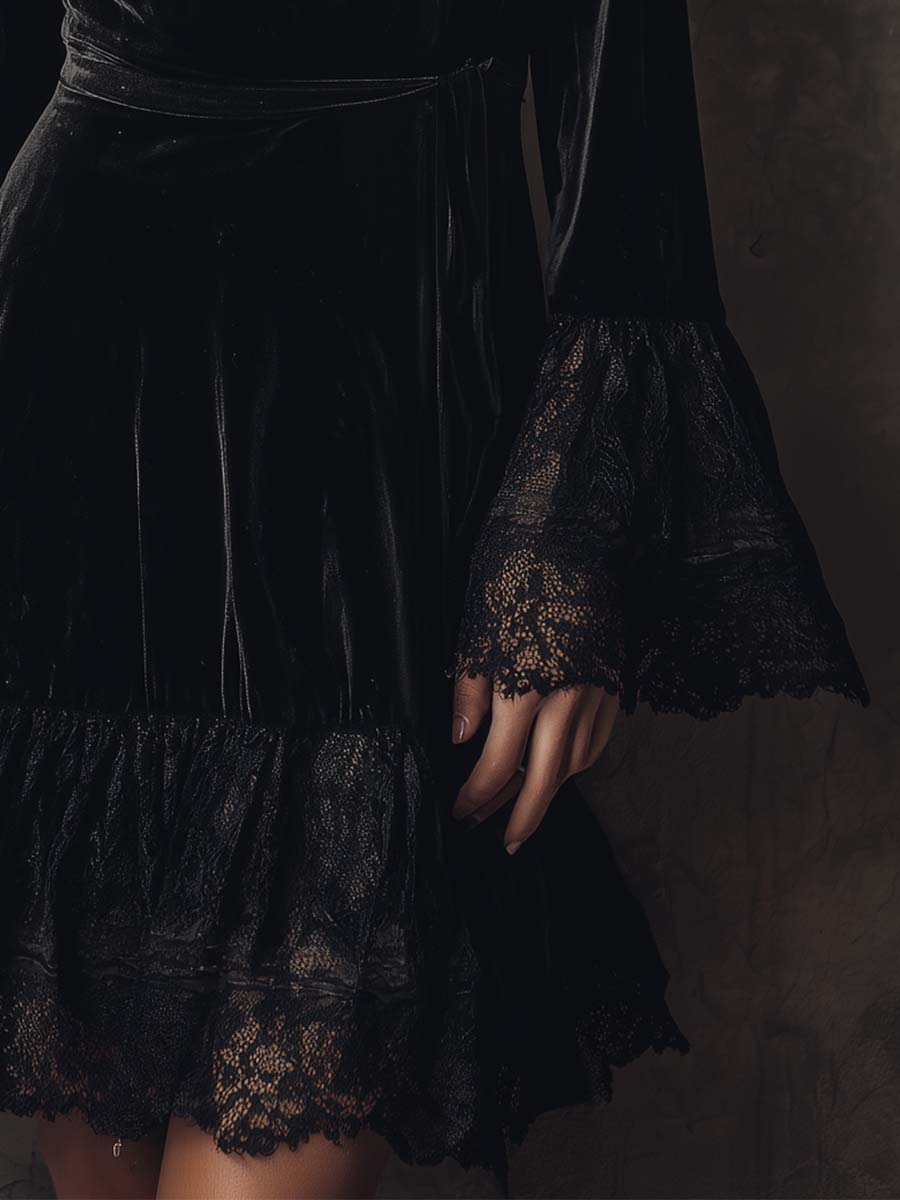 Black Velvet Lace Trim Mini Dress – Vintage Noir Elegance