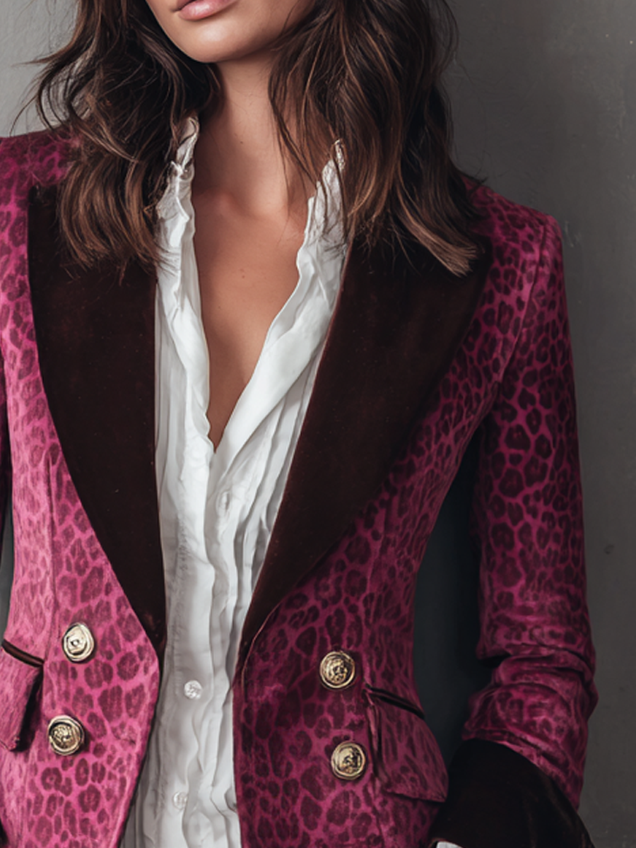 Vintage Contrast Cuffs Leopard Print Polyester Velvet Blazer