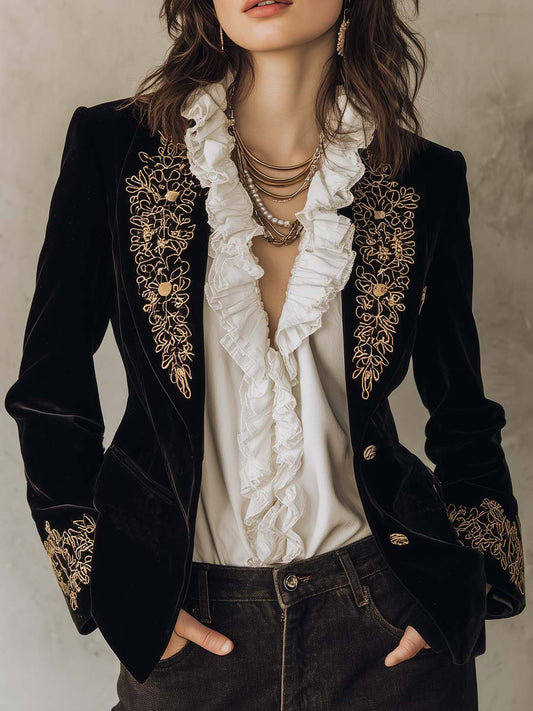 Embroidered Velvet Blazer With Gold Floral Detailing – Midnight Black