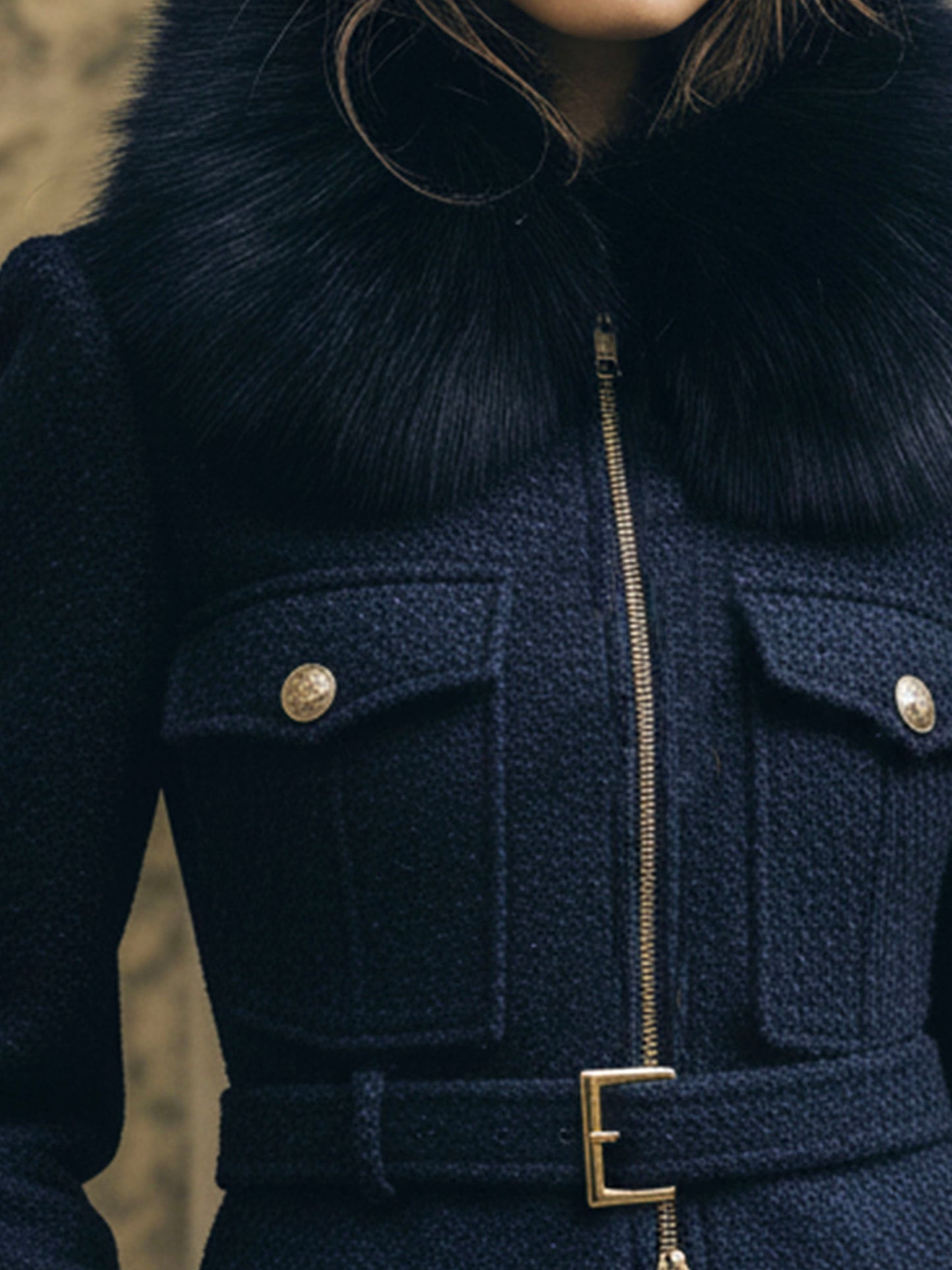 Retro Navy Wool Belted Zipper Jacket With Eco Fur Collar