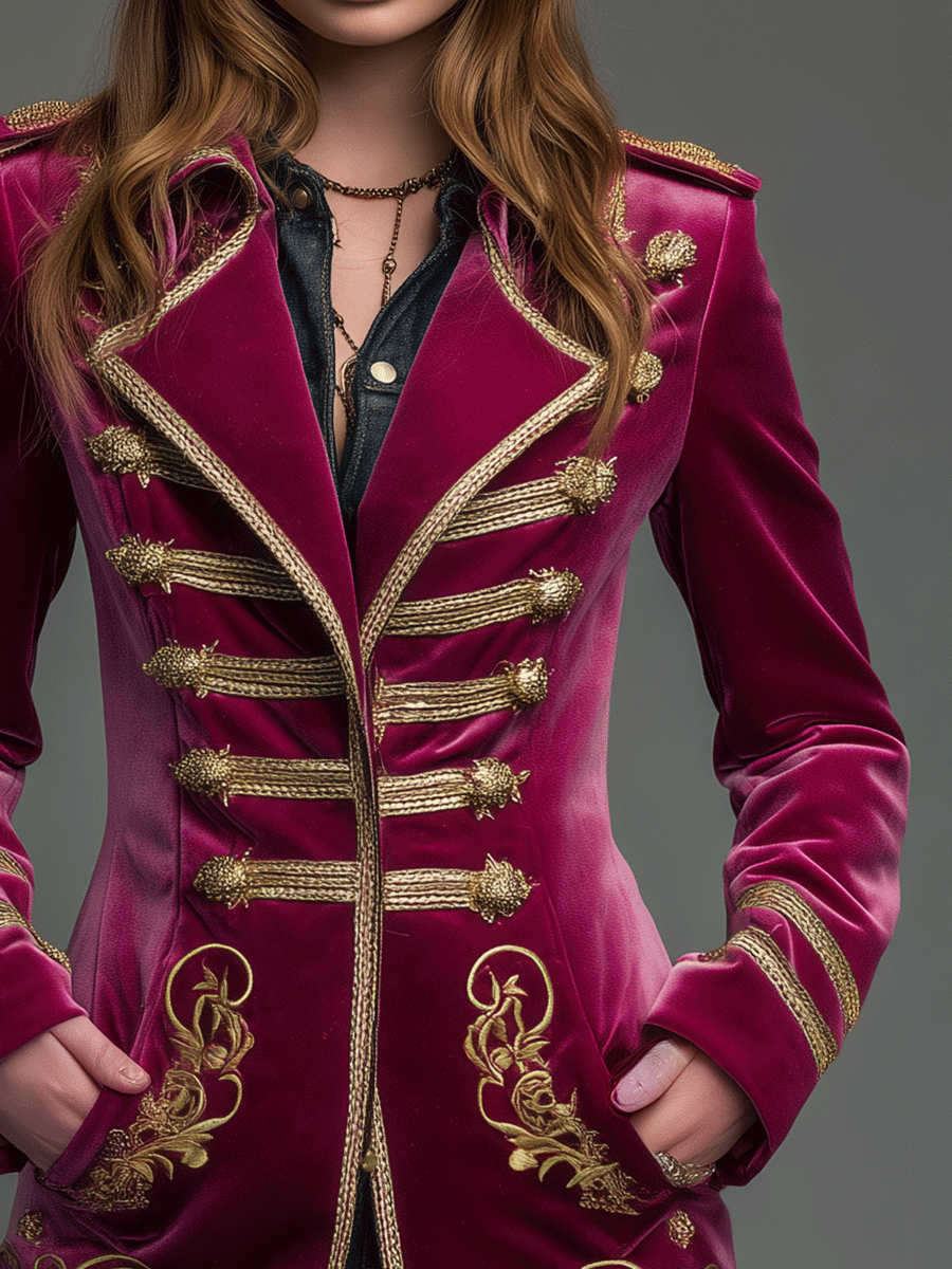 Vintage Baroque Bohemian Deep Red Velvet Gold Embroidered Jacket