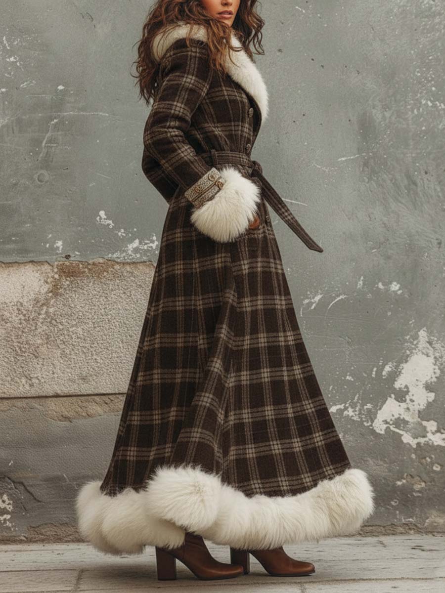 Retro Brown Plaid Long Faux Fur Trim Coat
