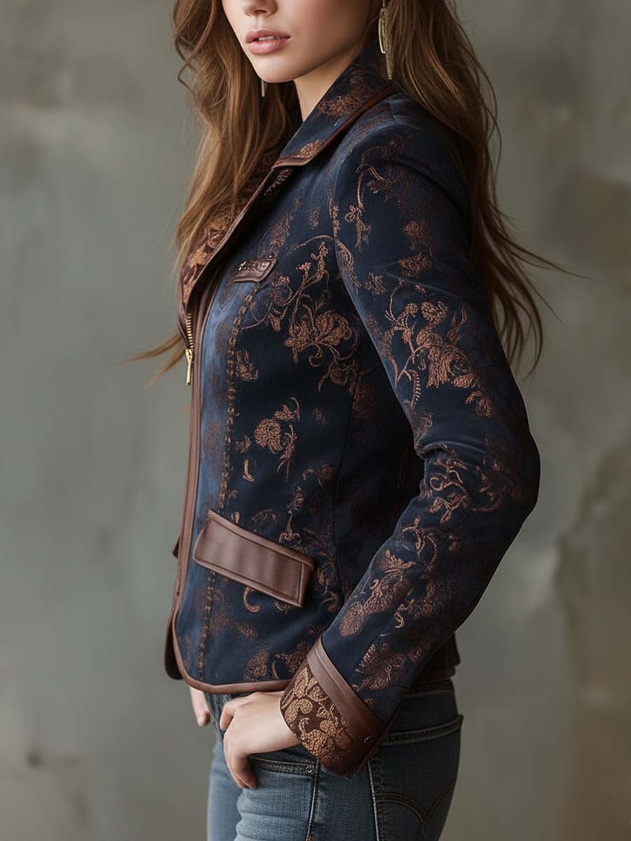 Printed Suede Fitted Jacket With Contrast Leather Trim
