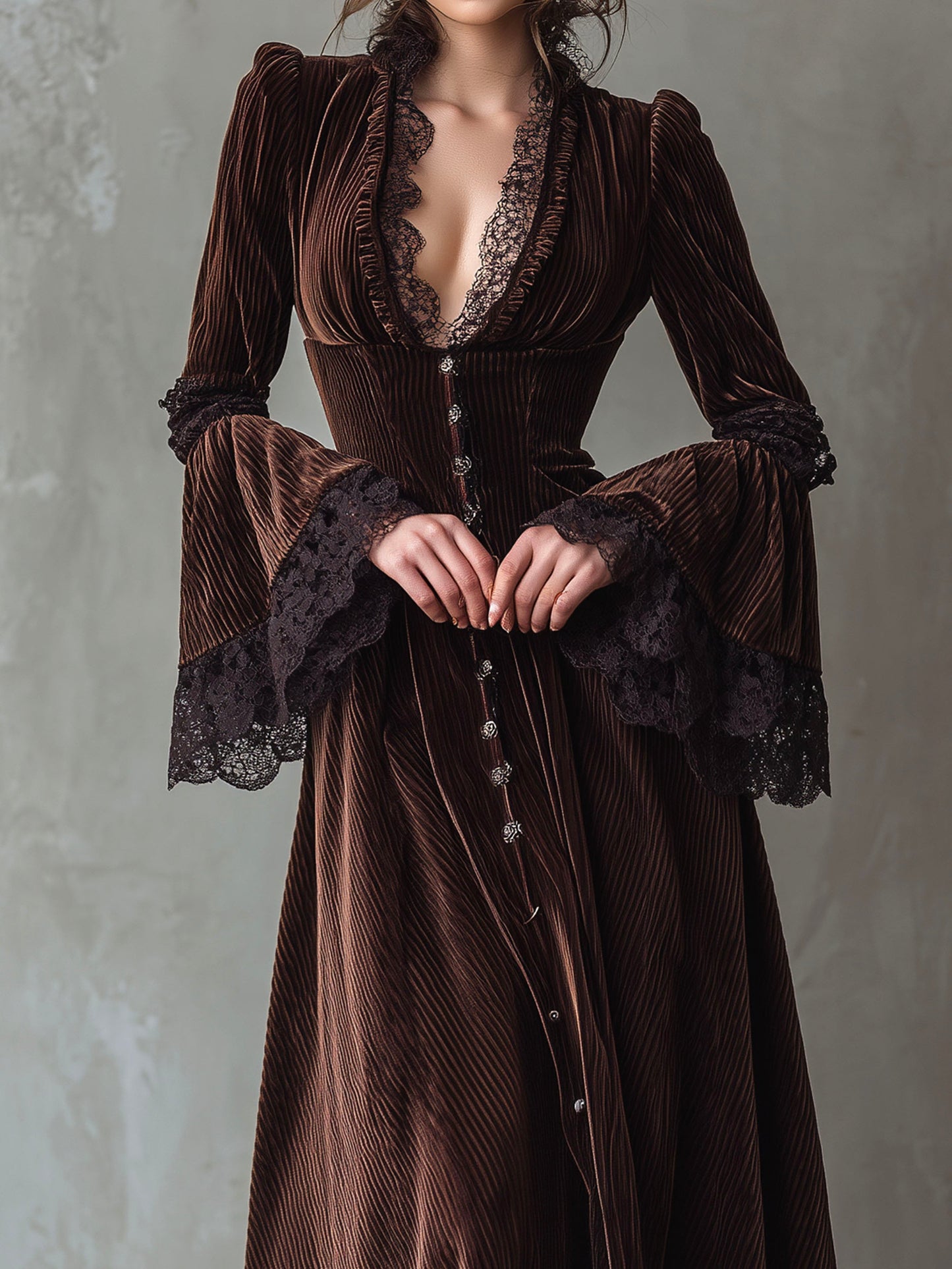 Vintage Chocolate Brown Velvet Flared Maxi Dress With Lace Cuffs