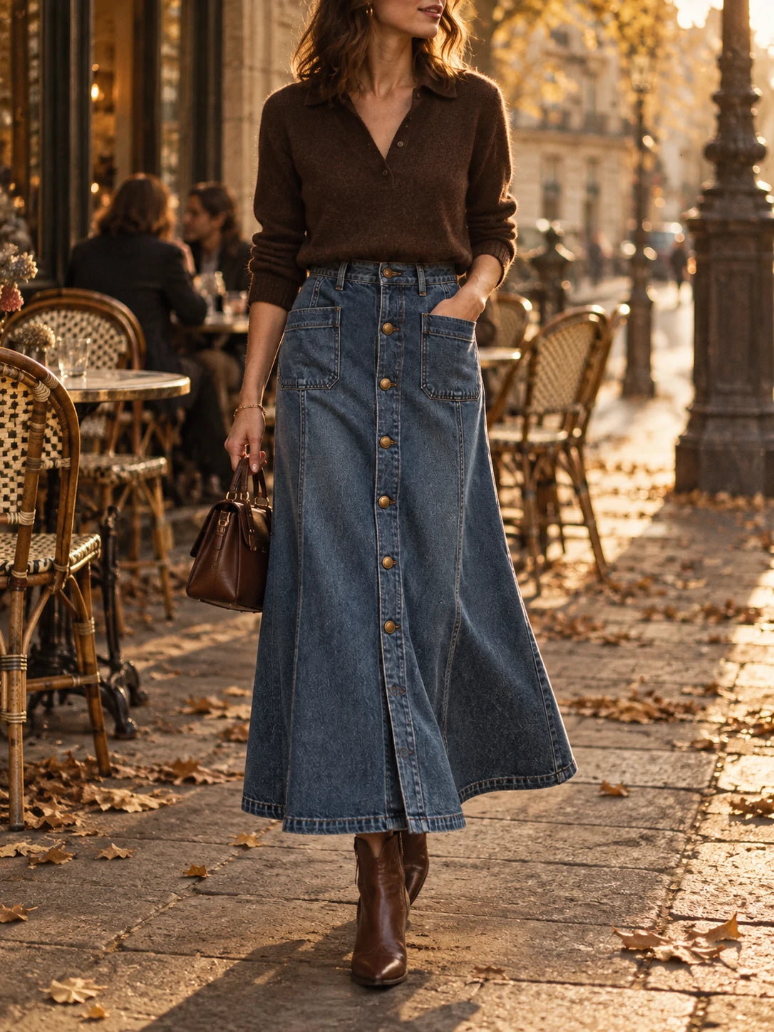 Mid Blue Vintage Wash Button-Front Denim Midi Skirt
