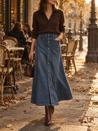 Mid Blue Vintage Wash Button-Front Denim Midi Skirt