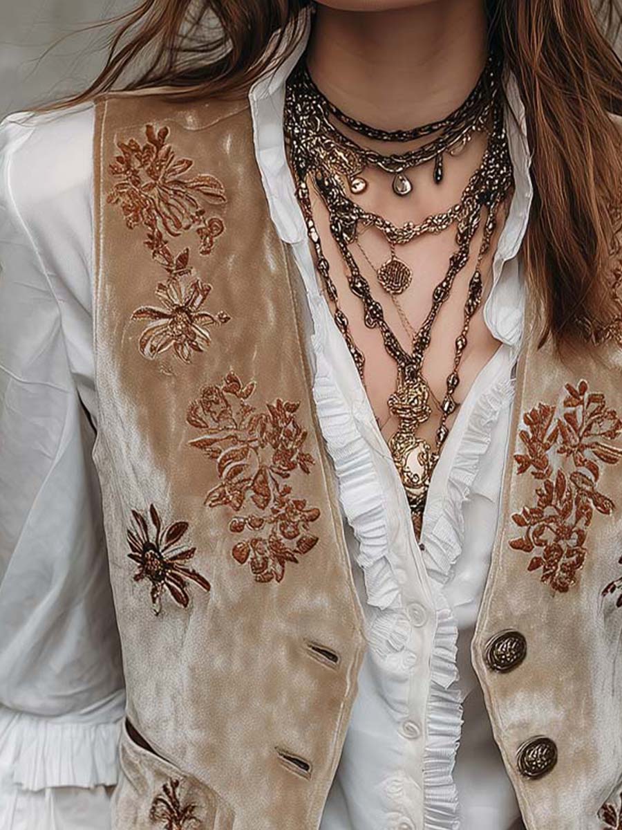 Beige Bohemian Vintage Chic Embroidered Velvet Vest
