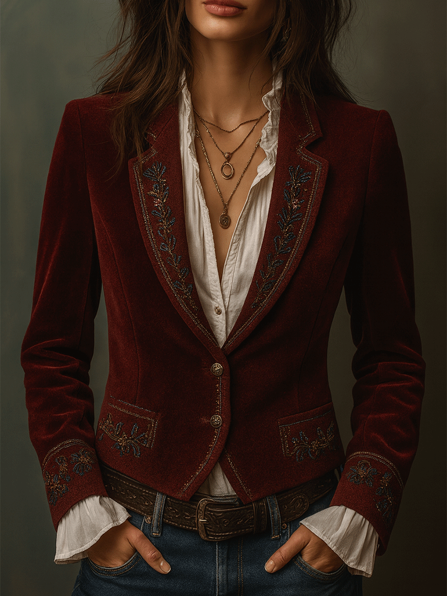 Vintage Burgundy Boho Stitching Velvet Jacket