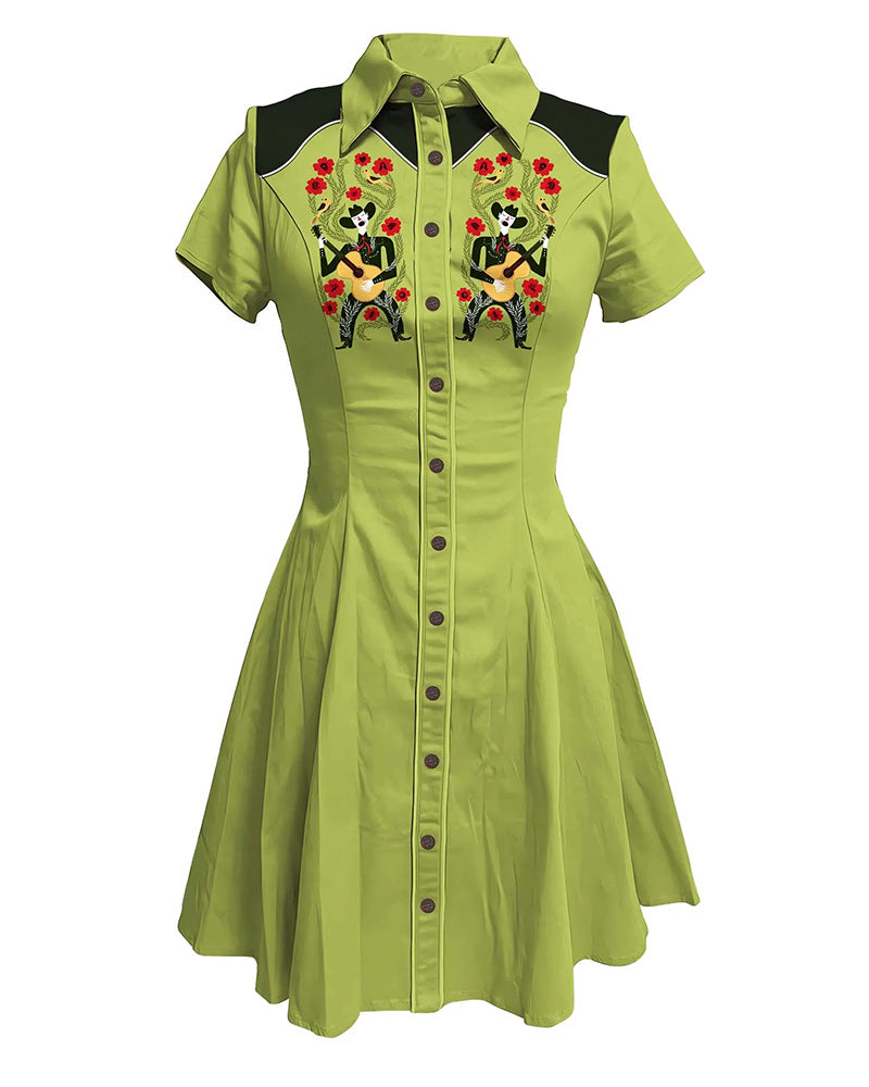Music Guitar And Cowboy Lapel Shirt Dress