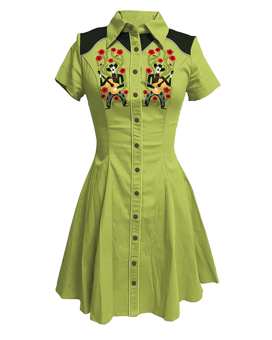 Music Guitar And Cowboy Lapel Shirt Dress