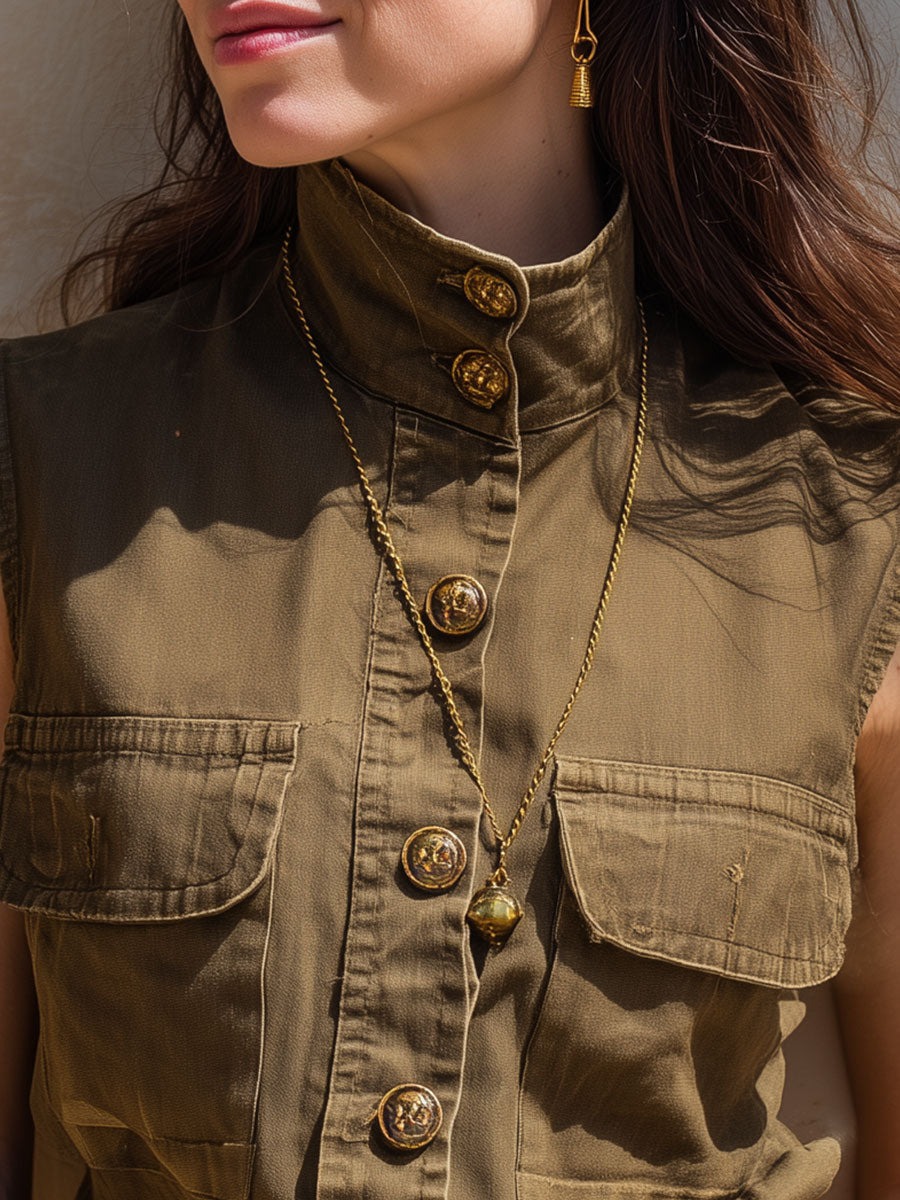 Stylish Turtleneck Washed Work Pocket Vest