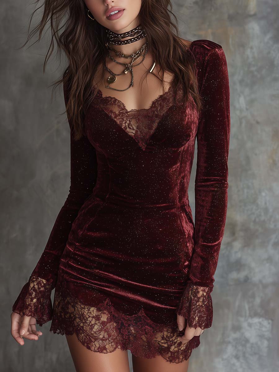 Sparkling Velvet Lace-Trim Mini Dress – Spiced Wine Red
